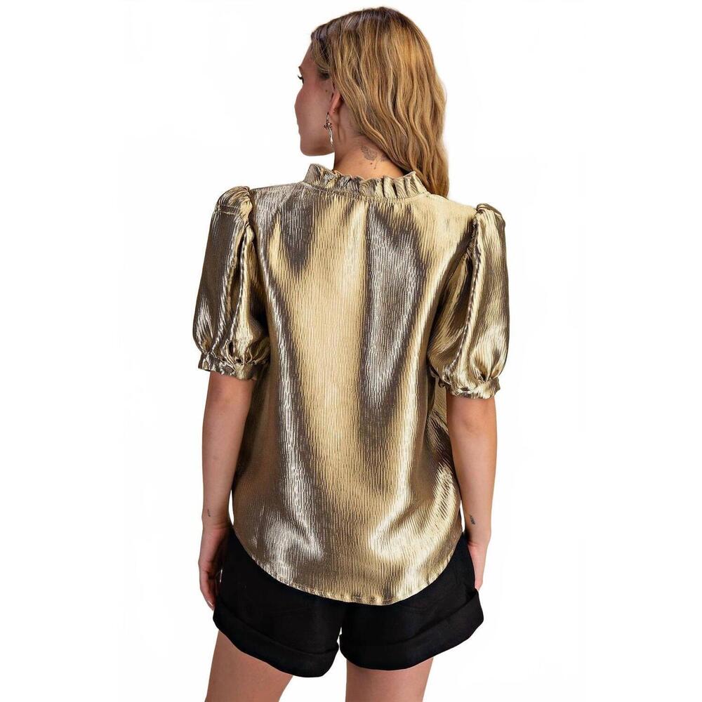 NWT Glam Gold Puff Sleeve Blouse - Picture 3 of 4